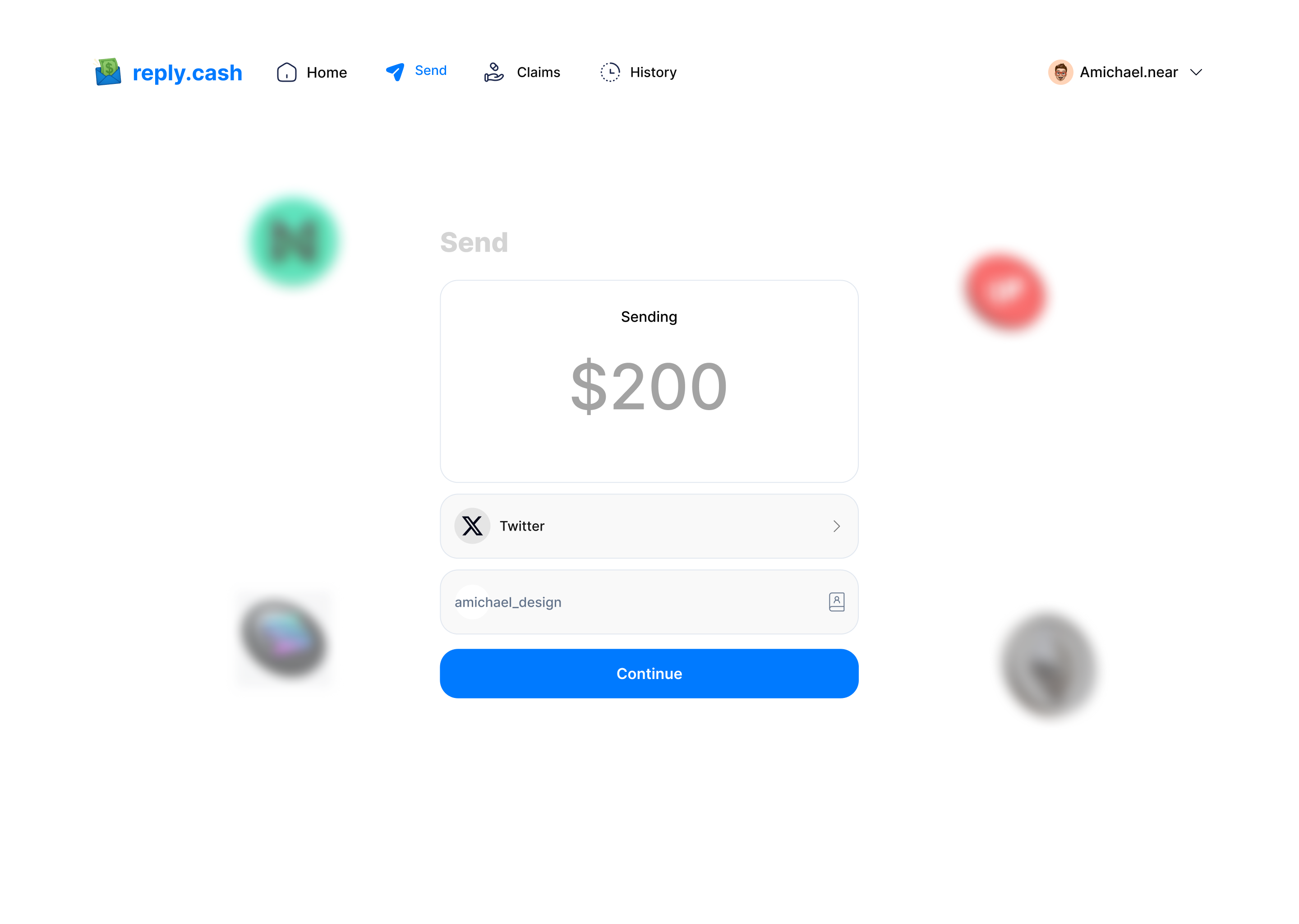 Screenshot showing how to send stablecoins to a Twitter handle using reply.cash interface